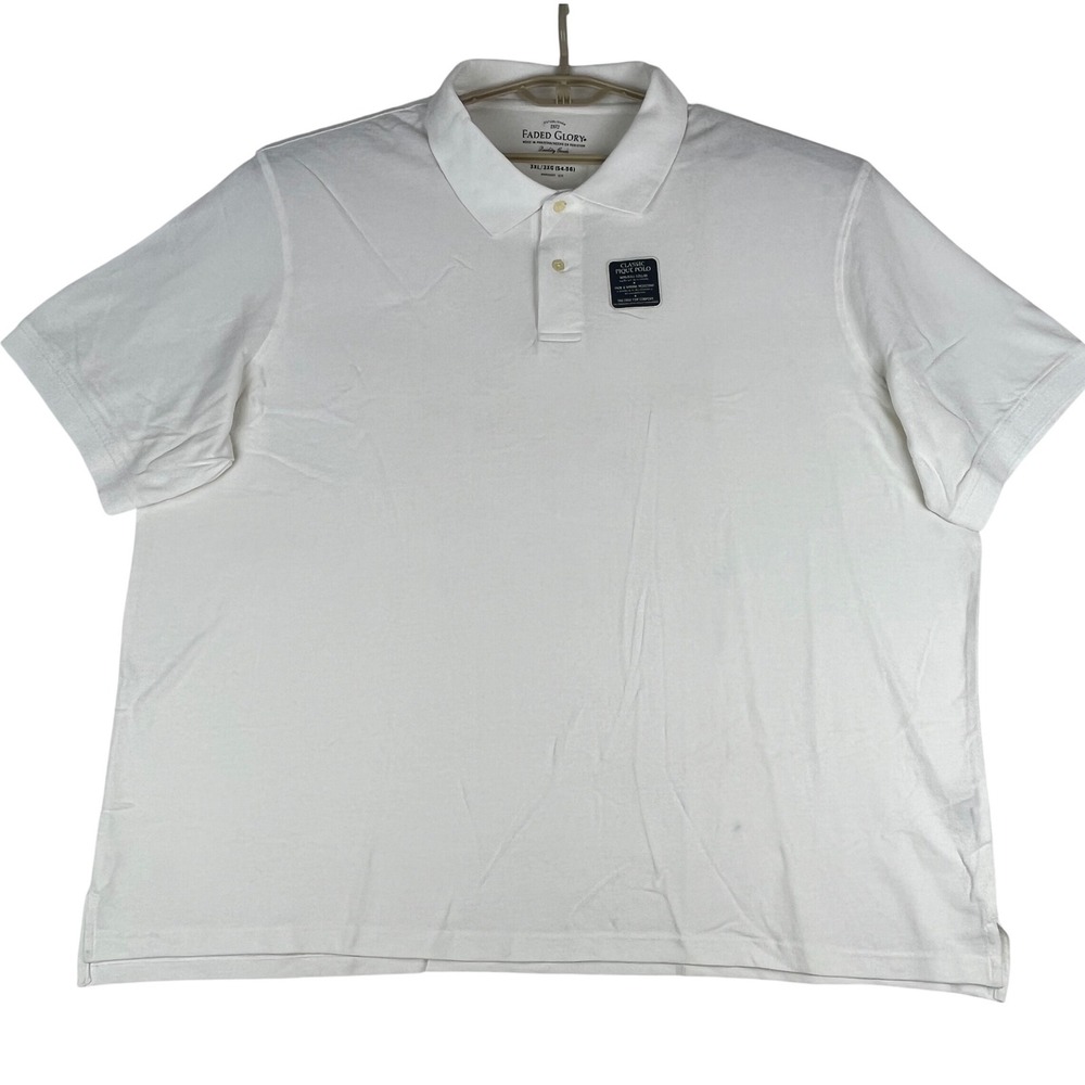 Faded Glory Polo Shirt‎ Mens 3XL  White Classic Pique Cotton Short Sleeve NWOT